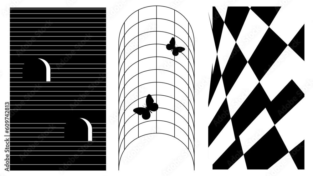 Aufkleber Set of abstract aesthetic y2k geometric elements and 3D wireframe shapes. Black and white retro line design elements. Vector illustration for social networks or posters. EPS 10