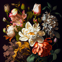 Realistic fantastic vintage large flowers background created with Generative AI technology