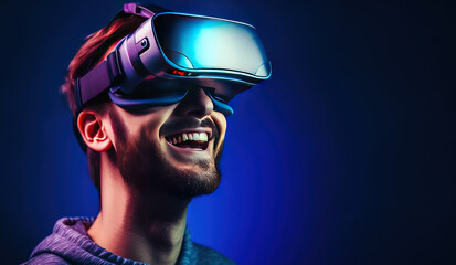 Smiling man wearing a virtual reality headset Generative AI