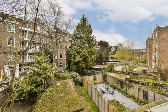 an urban garden with lots of trees and plants in the fore - image is taken from above, looking down
