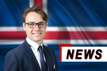 News anchor, tells the latest news, smiling, against the background of the flag of Iceland