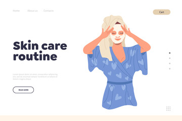 Skin care routine landing page with satisfied young woman applying face clay mask for rejuvenation
