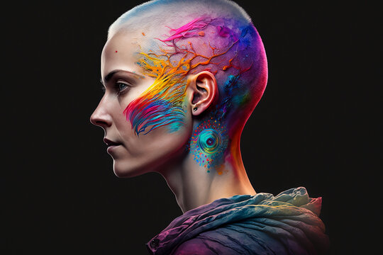 Woman portrait with rainbow tatoo on black background, fictitious person. AI generated image