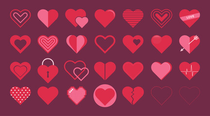 Heart icon. Hearts line icons set in flat style. Valentine heart symbol. Vector stock illustration.