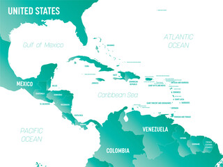 Fototapeta premium Central America - high detailed political map Central American and Caribbean region with country, ocean and sea names labeling.