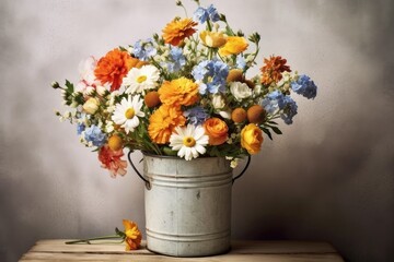 photo of flower bucket flat lay photography Generated AI