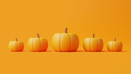 Jack-o-Lantern pumpkins lined up on orange background. Happy Halloween concept. Traditional october holiday. 3d rendering illustration