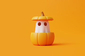 Simple halloween cartoon ghost peeks out of a Jack-o-lantern pumpkin on orange background. Happy Halloween concept. Traditional october holiday. 3d rendering illustration - obrazy, fototapety, plakaty