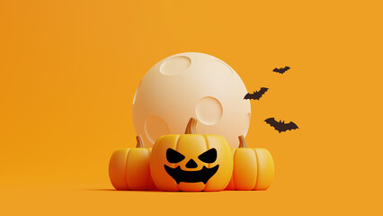 Jack-o-Lantern pumpkins and bats under the moon on orange background. Happy Halloween concept. Traditional october holiday. 3d rendering illustration