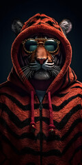 rapper tiger with glasses and style, rapper outfit, generative ai