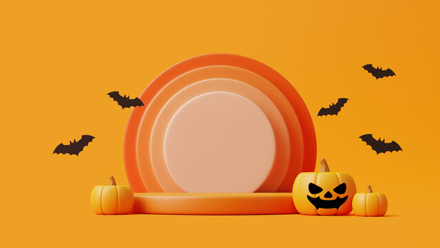 Jack-o-Lantern pumpkins with podium for product display and bats on orange background. Happy Halloween concept. Traditional october holiday. 3d rendering illustration