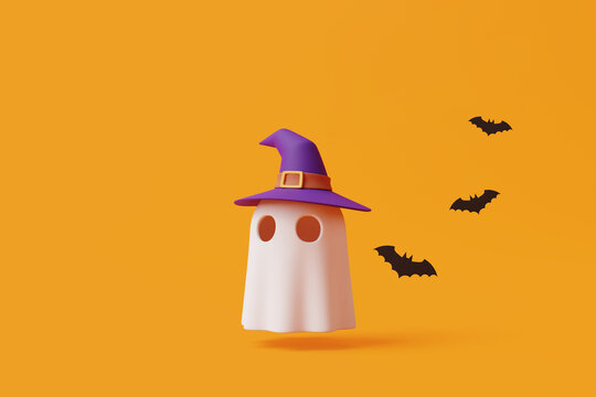 Simple halloween cartoon ghost wearing witch hat with bats on orange background. Happy Halloween concept. Traditional october holiday. 3d rendering illustration