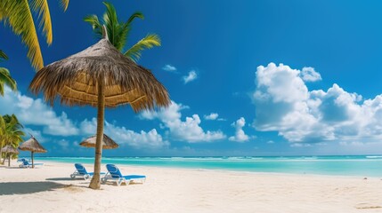 Panorama beautiful beach with white sand, turquoise ocean and blue sky with clouds on Sunny day. Summer tropical landscape with palm trees and Straw umbrellas with empty copy space - generativ AI