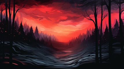 Forest valley at sunset