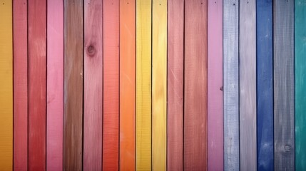Fototapeta premium Rainbow wooden planks background. Colorful wooden texture. Rainbow wood texture. Wood plank background - generative AI