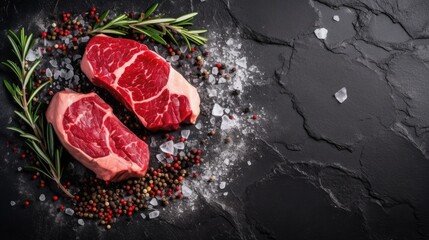 Raw steak on a slate. Two raw steaks on a dark shale background. Slice of meat with salt, pepper and herbs - generative AI