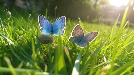 Two blue butterflies Polyommatus icarus in nature outdoors. Butterflies on a spring summer meadow in sunlight in lush grass, macro - generative AI
