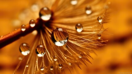 Beautiful dew drops on a dandelion seed macro. Beautiful blue background. Large golden dew drops on a parachute dandelion. Soft dreamy tender artistic image form - generative AI