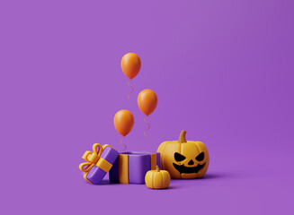 Opened gift box with balloons and Halloween Jack-o-Lantern pumpkins on purple background. Happy Halloween concept. Traditional october holiday. 3d rendering illustration