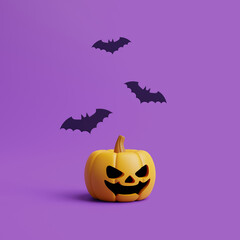 Jack-o-Lantern pumpkin with bats on purple background. Happy Halloween concept. Traditional october holiday. 3d rendering illustration