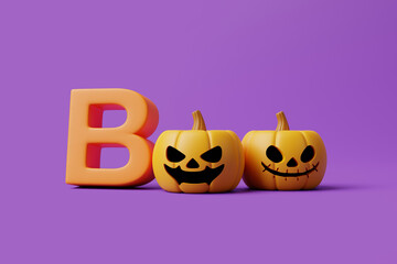 Boo! Jack-o-Lantern pumpkin with lettering on purple background. Happy Halloween concept. Traditional october holiday. 3d rendering illustration