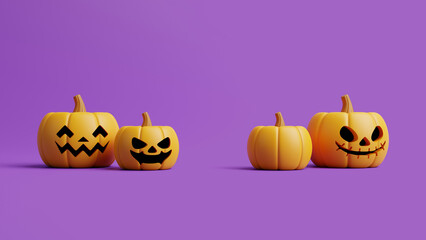 Jack-o-Lantern pumpkins on purple background. Happy Halloween concept. Traditional october holiday. 3d rendering illustration