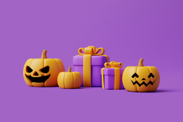 Cartoon gift boxes with Halloween Jack-o-Lantern pumpkins on purple background. Happy Halloween concept. Traditional october holiday. 3d rendering illustration