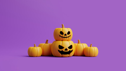 Jack-o-Lantern pumpkins on purple background. Happy Halloween concept. Traditional october holiday. 3d rendering illustration