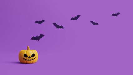 Jack-o-Lantern pumpkin with bats on purple background. Happy Halloween concept. Traditional october holiday. 3d rendering illustration