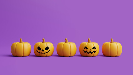 Jack-o-Lantern pumpkins lined up on purple background. Happy Halloween concept. Traditional october holiday. 3d rendering illustration