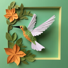 hummingbird paper art, flowers and nature, generative ai