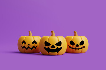 Jack-o-Lantern pumpkins on purple background. Happy Halloween concept. Traditional october holiday. 3d rendering illustration