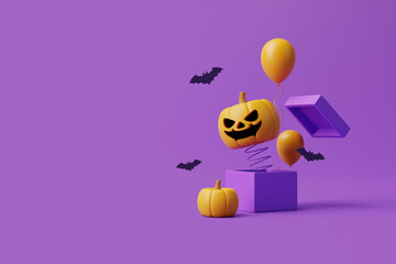 Jack-o-Lantern pumpkin with bats and balloons pops out of the box on purple background. Happy Halloween concept. Traditional october holiday. 3d rendering illustration