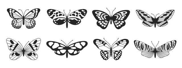 Butterfly fifth set of black and white wings in the style of wavy lines and organic shapes. Y2k aesthetic, tattoo silhouette, hand drawn stickers. Vector graphic in trendy retro 2000s style.