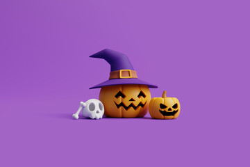Jack-o-Lantern pumpkins wearing witch hat with skull and bone on purple background. Happy Halloween concept. Traditional october holiday. 3d rendering illustration