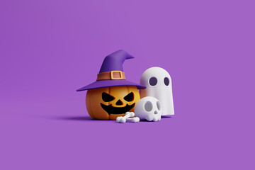 Jack-o-Lantern pumpkin wearing witch hat with skull, bone and ghost on purple background. Happy Halloween concept. Traditional october holiday. 3d rendering illustration