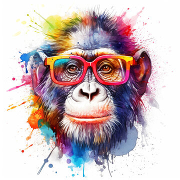 Cartoon colorful monkey with sunglasses on white background. Created with generative AI