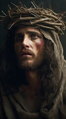close up Jesus Christ face wearing thorn crown, Generative Ai