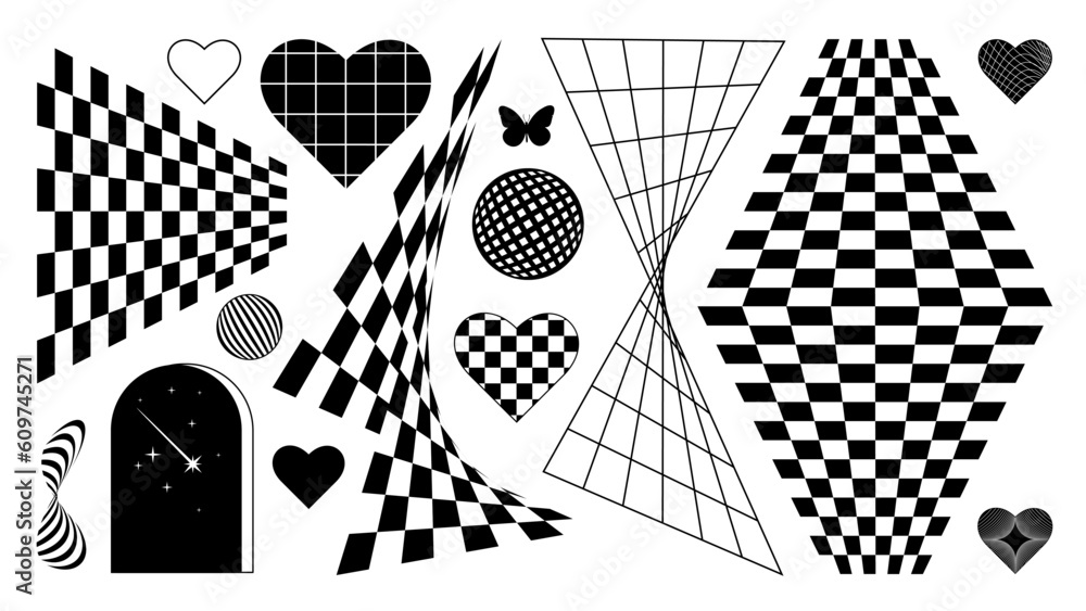 Aufkleber Set of abstract aesthetic y2k geometric elements and 3D wireframe shapes. Black and white retro line design elements. Vector illustration for social networks or posters. EPS 10
