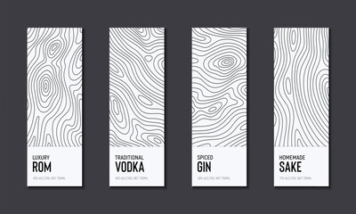 Alcohol label set of topographic line map. Wood rings, vector line pattern of shape countour. Outline pattern for brand logo templates. Contours of tree, concepts for bottle labels or banners.