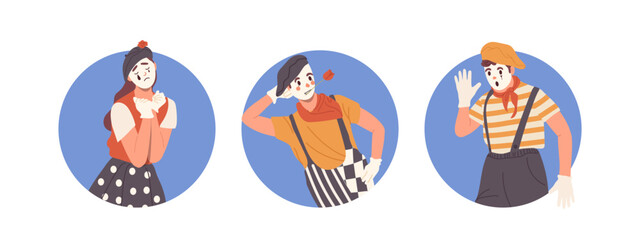Set of isolated round frame icons with cute male and female mime artistic cartoon characters - obrazy, fototapety, plakaty