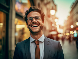 Fototapeta premium Portrait of a handsome casual businessman smiling, AI generative