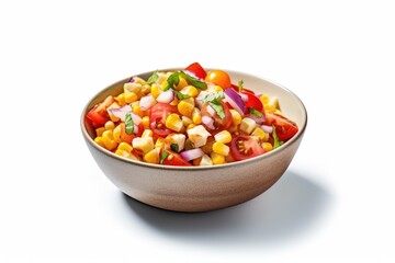 Delicious Bowl of Corn Salad with Tomatoes and Basil Isolated on a White Background. Generative AI