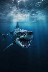 Great white shark and sun rays, Generative AI