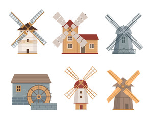 Set of stone and wooden mills isolated on white background. Traditional farm buildings for grinding wheat grains to flour. Dutch or netherland wind and water mill. Vector illustrations. © Елена Истомина