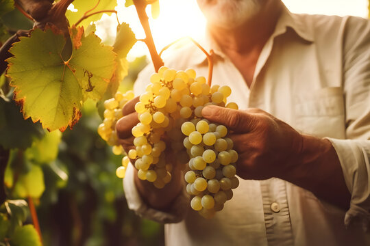 Close up of farmer male hands picking white grape. Organic fruits, harvesting and farming concept. Generated AI.