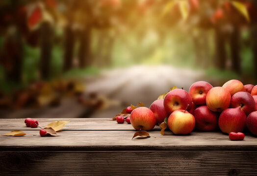 Wooden table with red apples fruits and free space on nature blurred background. Generated AI.