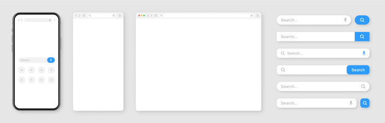 Obraz premium Smartphone, blank internet browser window with various search bar templates. Web site engine with search box, address bar and text field. UI design, website interface elements. Vector illustration