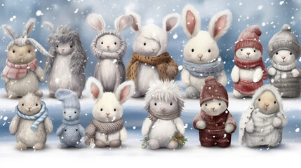winter bunny family with snow