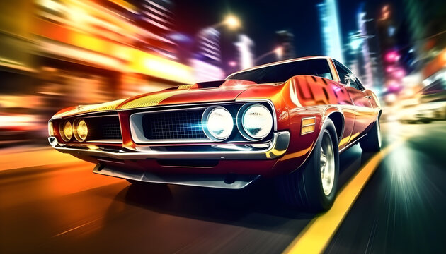 American muscle car driving fast in the night city. Generative AI illustration